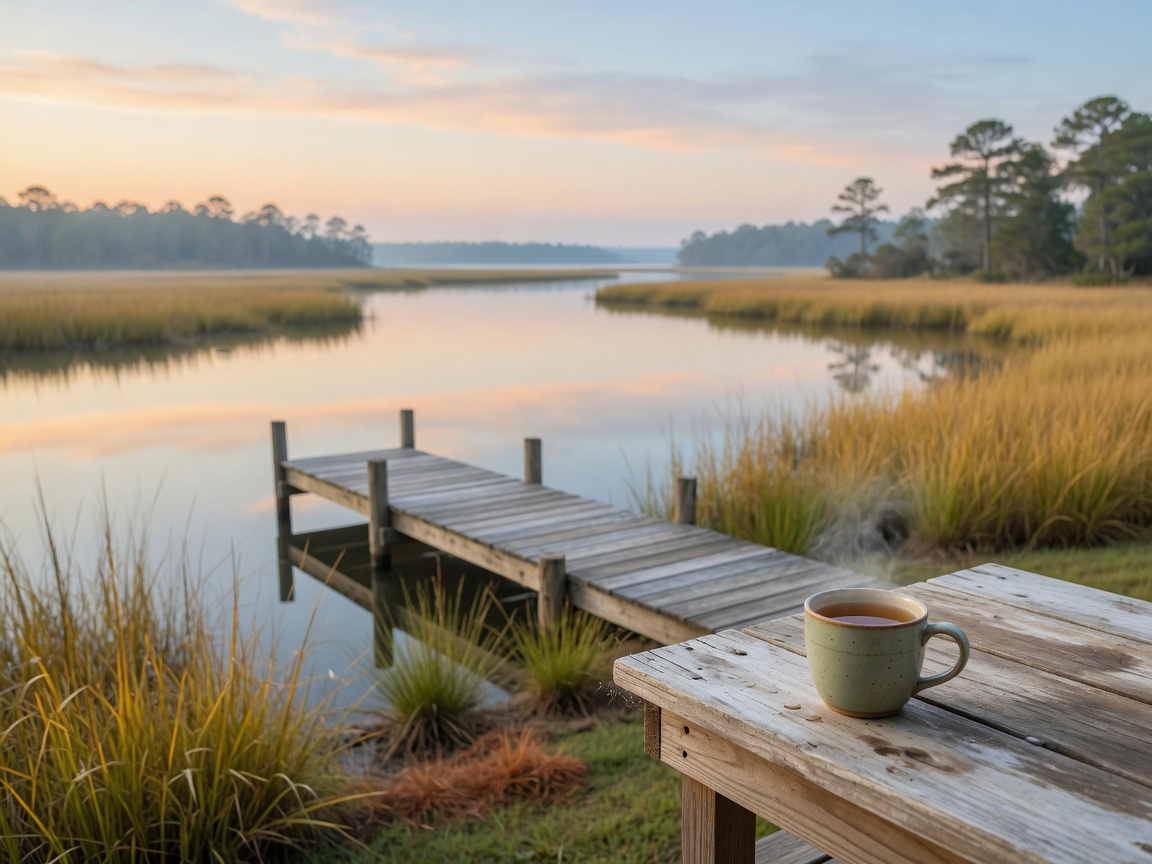 A quiet sound-side dock at dawn with marsh grass, still water, and a cup of tea